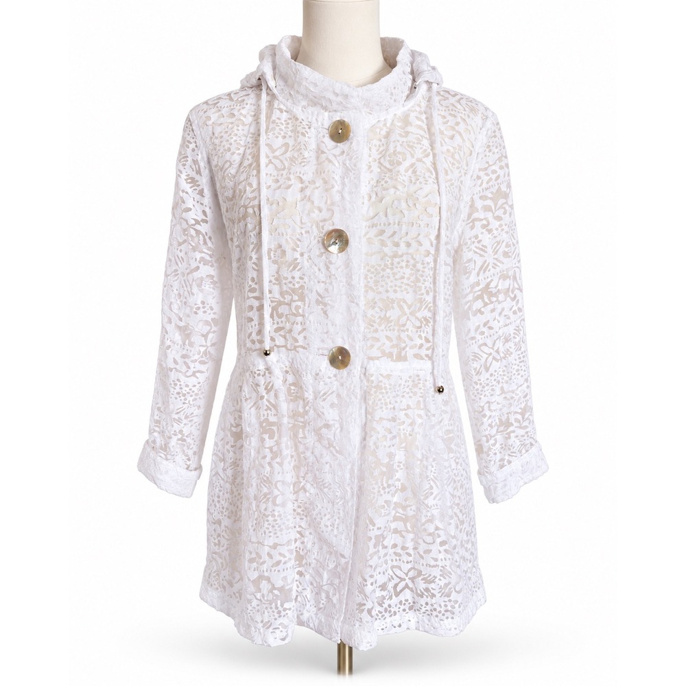 MULTIPLES | White Sheer Burnout Floral Hooded Jacket Topper Size M